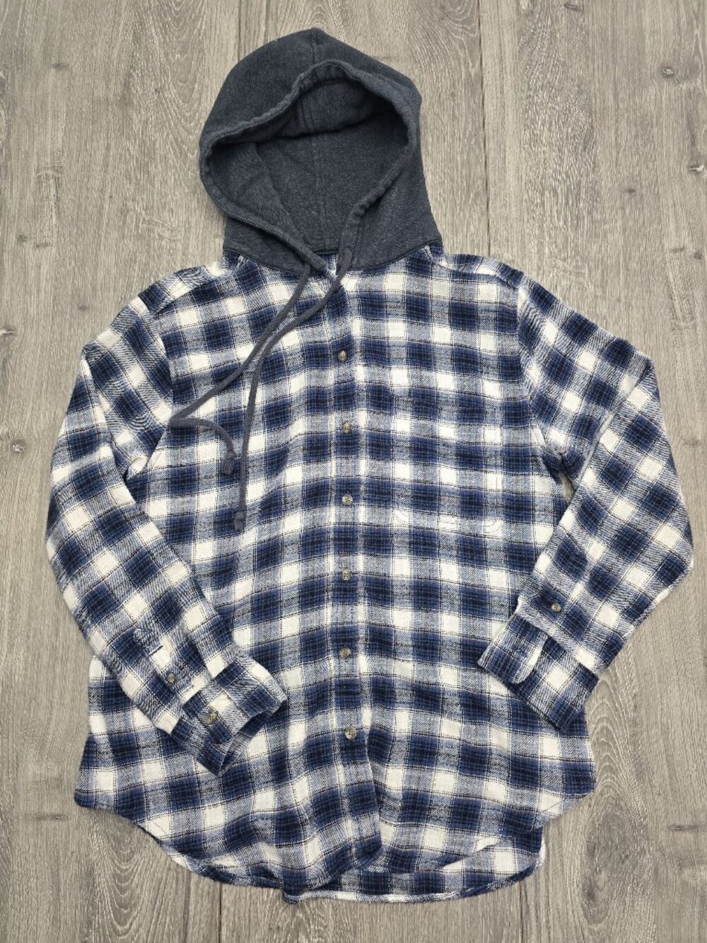 American Eagle Blue & White Plaid Button-Up Hoodie Shirt Sz Small Cotton Blend